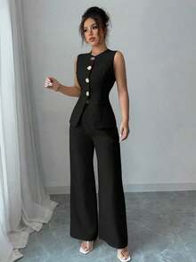 Traje casual/de oficina elegante de mujer con decoración de botones con estampado floral - Negro - Ver 6