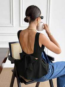 Camisa sin mangas y sin espalda elegante y casual de 100% algodón, conjunto de verano para damas - Negro - Ver 8