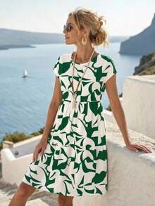 Vestido corto con cuello redondo y manga corta de estampado geométrico, casual para mujer, adecuado para primavera/verano - Verde - Ver 5