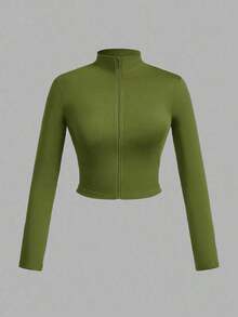 Set de 3 camisetas casuales de mujer con cuello en V, media cremallera y mangas largas ajustadas, en colores blanco + negro + gris - Verde militar - Ver 3
