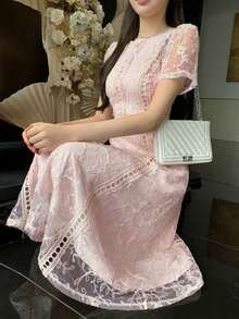 Vestido corto con adorno de encaje en las mangas, vestido mini elegante y refinado - Rosa vieja - Ver 11