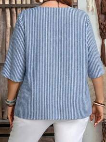 Camisa de mujer de estilo minimalista casual con microrayas azules, adecuada para primavera/verano, con vibra de resort - Multicolor 7 - Ver 2