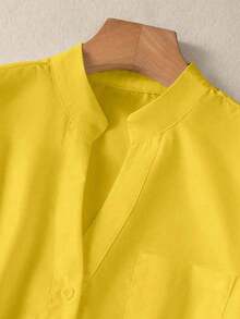 Camisa de mujer de unicolor con cuello en V y botones - Blusa casual y elegante de manga larga con detalle de bolsillo, adecuada para vacaciones, viajes y uso diario, artículo esencial para todas las estaciones, Primavera Blanco - Amarillo - Ver 6