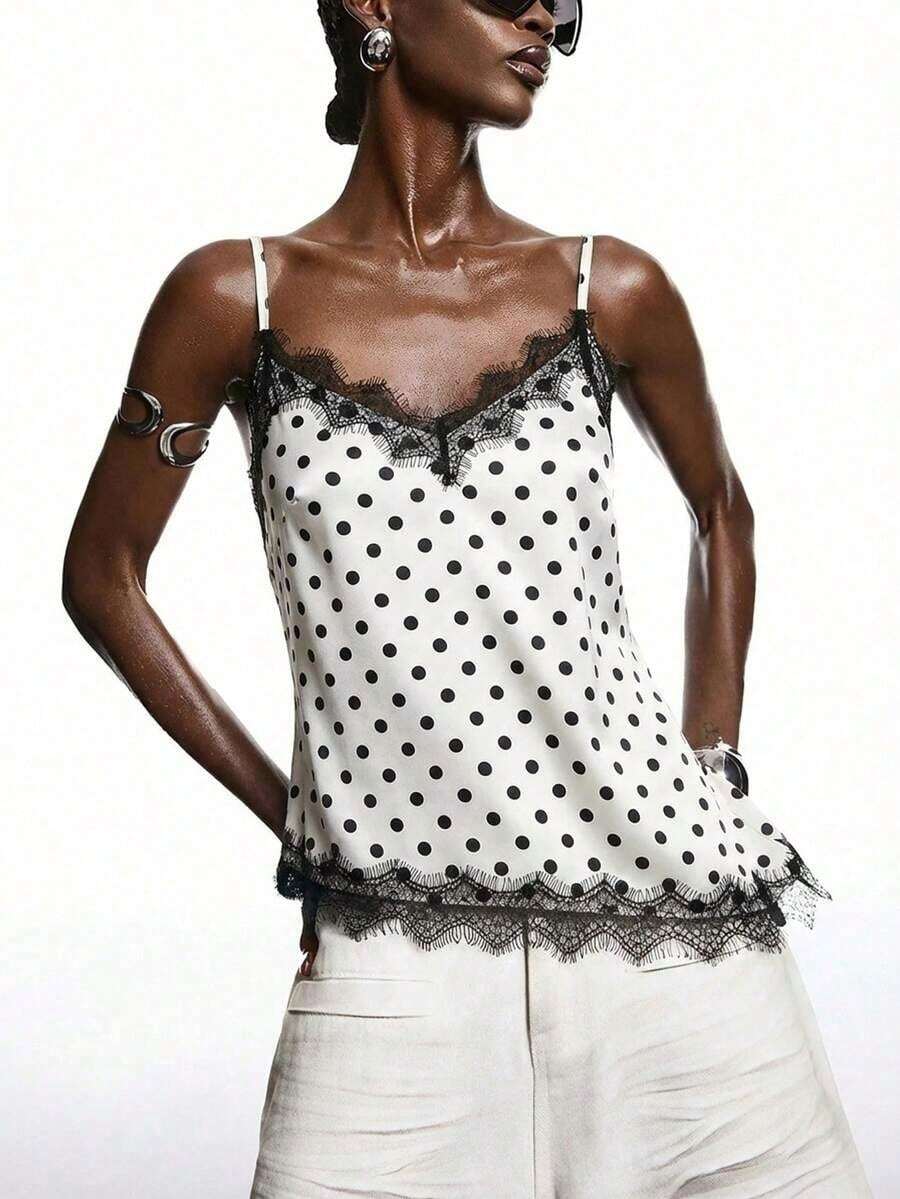2026 Nueva Blusa Minimalista de Primavera Verde Oliva de Encaje y Satén Brillante, Elegante Camisola con Ribete de Encaje Adecuada para Primavera/Verano; Elegante Camisa Adecuada para Fiesta, Primavera, Navidad, Año Nuevo; Elegante Camisola de Satén - Multicolor - Ver 1