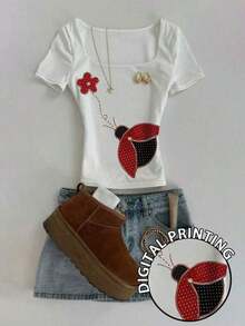 Clásica camiseta de manga corta con escote cuadrado y ajuste ceñido, con estampado de leopardo en negro y marrón claro, adecuada para primavera y verano, actualmente popular, camiseta de moda, hermosa camiseta, regalo para hermanos, regalo para hermanas, regalo para mamá, regalo del Día de la Madre, top de moda casual y sencillo - Multicolor 2 - Ver 7