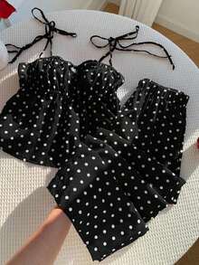 Conjunto de 2 piezas de top tipo camisola con hombros retorcidos y estampado de lunares, y pantalones de pierna ancha, para mujer, estilo casual de verano, retro y de playa - Negro - Ver 1
