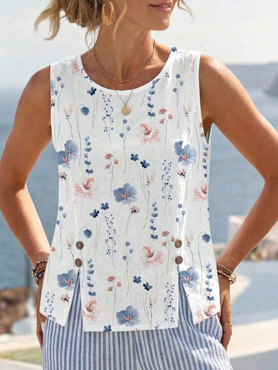 Camisa sin mangas de unicolor con diseño de botones para mujer - Multicolor - Ver 1