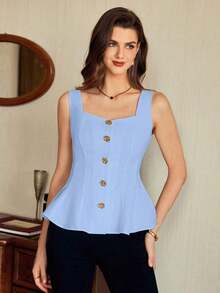 Blusa de mujer vintage, elegante y clásica, con cierre de botones metálicos con forma de flor, blusa sin mangas blanca, para primavera/verano - Azul - Ver 7
