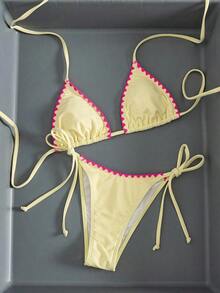 Bikini de mujer de unicolor con escote halter y lazos, estilo sexy, minimalista y elegante para playa, vacaciones, viajes y fiestas, nueva colección primavera/verano - capullos de color rosa amarillento - Ver 2