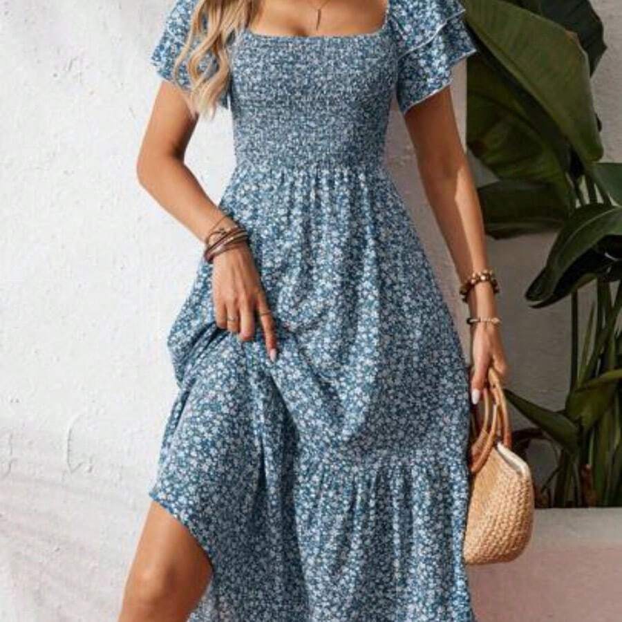 Square Neck Ditsy Floral Casual Summer Short Sleeve Dress Maxi Vacation Beach Outfits Women - Neblina azul - Ver 1