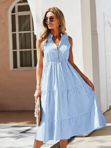 Vestido largo de línea A con cuello en pico y estampado de rayas, atuendo de vacaciones y playa para mujeres - Azul - Ver 3