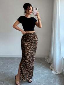 Falda ajustada de malla con estampado de leopardo para mujer, ropa de otoño - Café integral - Ver 3