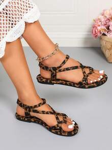 Giày sandal đế bằng thanh lịch dành cho nữ, sandal đế bằng họa tiết da báo với quai chéo và dây thun, sandal thể thao đi biển thoải mái, sandal đế bằng phong cách retro Trung Đông và châu Âu với mũi vuông. - Cà phê nâu - Xem 7