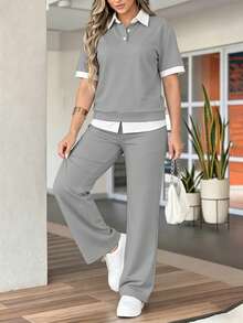 2 piezas Conjunto de camiseta de manga corta y pantalones holgados de cintura elástica para mujer, camisa de color contrastante con pantalones de pierna ancha para verano - Gris - Ver 3