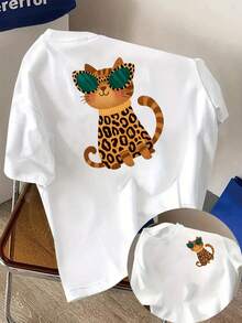 Una camiseta estampada por delante y por detrás con un diseño de gato con estampado de leopardo y gafas elegantes para mujer, con un ajuste cómodo, diseño clásico, de una sola pieza y estampado a doble cara.Camiseta Y2k - Blanco - Ver 1