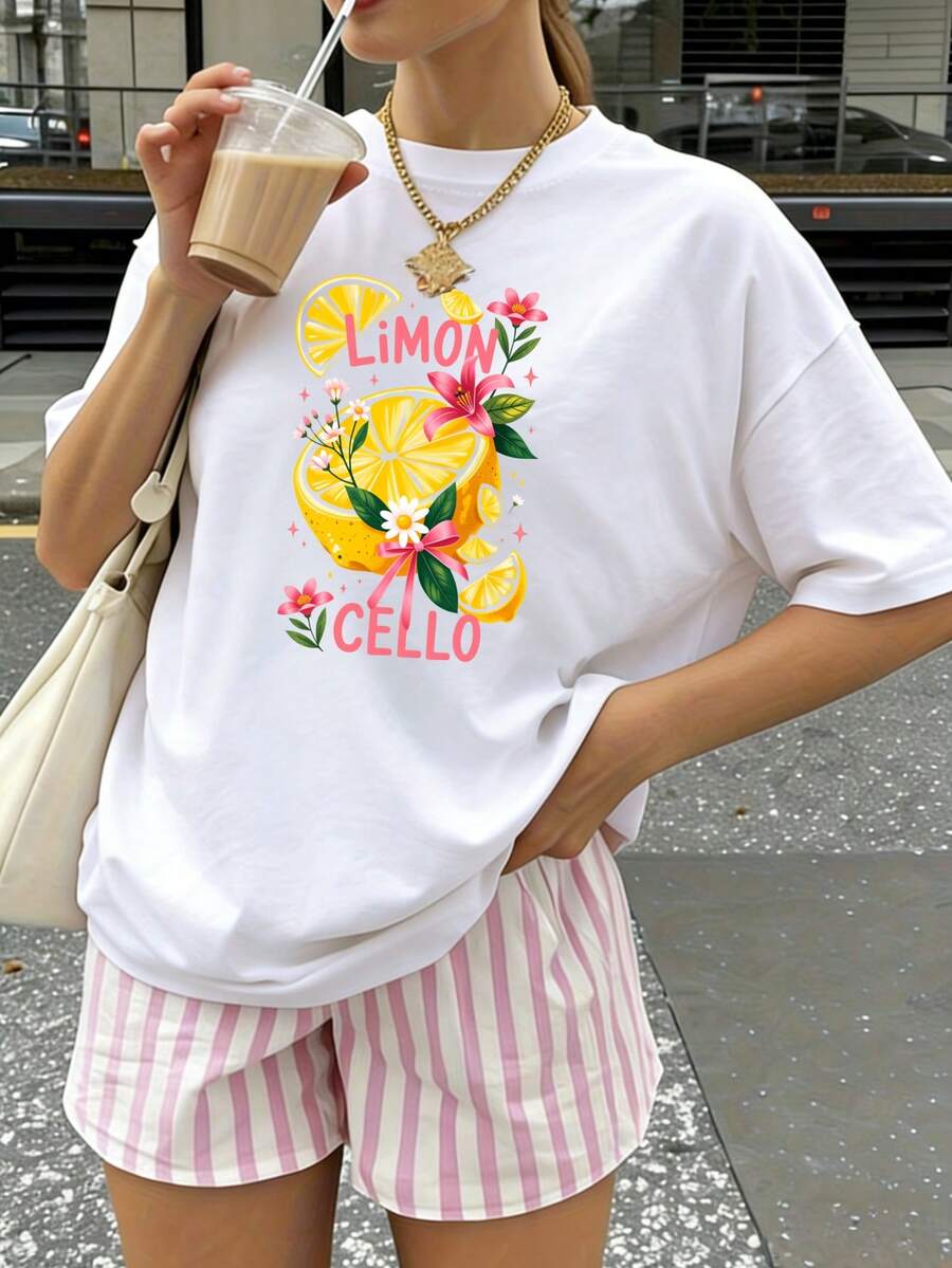 Women Pure Cotton T Shirt Fun Print Lemon Cello Floral Design Cute Summer Outfit Y2k Style High Quality Casual Wear For Beach Party And Daily Life Trendy Fashion Statement Lightweight Comfortable Top For Young Women And Girls - Blanco - Ver 1
