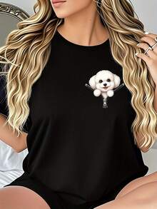 Una divertida camisa de manga corta con un diseño minimalista y lindo de un cachorro de cachorro con un patrón creativo. Esta camiseta de moda de mujer es perfecta para el uso casual - Negro - Ver 2