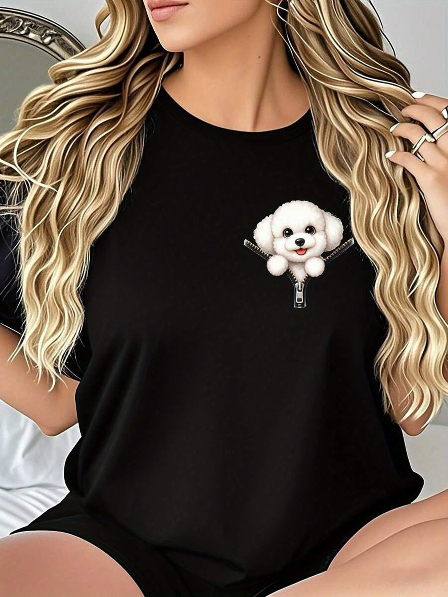 Una divertida camisa de manga corta con un diseño minimalista y lindo de un cachorro de cachorro con un patrón creativo. Esta camiseta de moda de mujer es perfecta para el uso casual