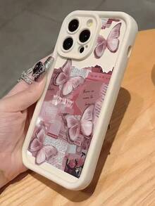1个蝴蝶报纸拼贴图案穿孔设计防震加厚乳白色手机壳，兼容 11 Pro Max/12 Pro Max/13 Pro Max/14 Pro Max/15 Pro Max/16 Plus/16 Pro Max、16E、Galaxy A55/Galaxy A15/Galaxy S24 Ultra。 - 白色 - 查看 6