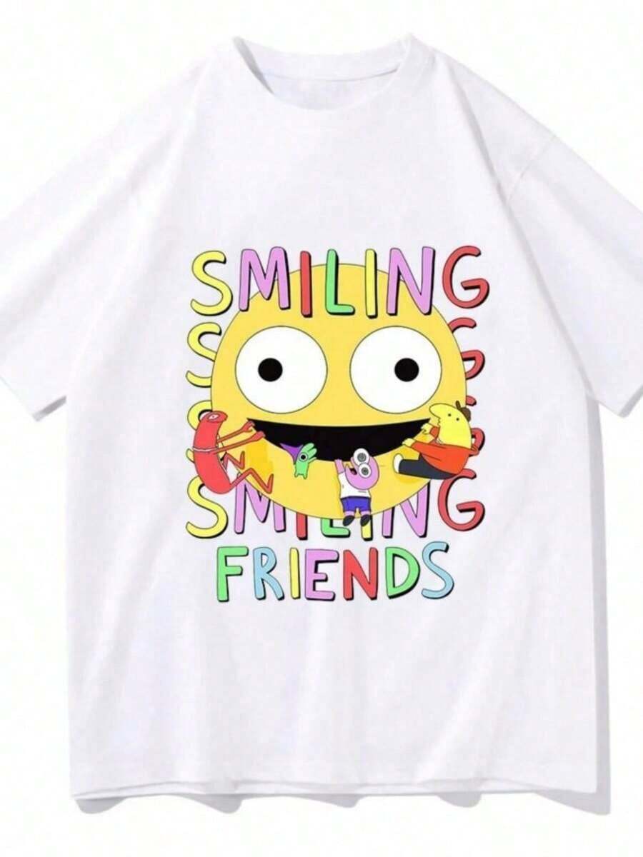 Smiling Friends Cartoon Print T-Shirt, Comfortable Women's Casual Summer T-Shirt, Funny Short Sleeve T-Shirts, Cool Summer Graphic Tees, 100% Cotton - 白色 - 查看 1