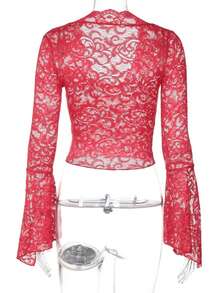 Blusa de encaje con escote profundo manga larga  ajustada - Rojo - Ver 7