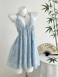 Vestido de mujer con escote en V profundo, tirantes de espagueti, espalda descubierta y volantes, con textura floral azul, sexy y cautivador para vacaciones en la playa en verano - Verde - Ver 11