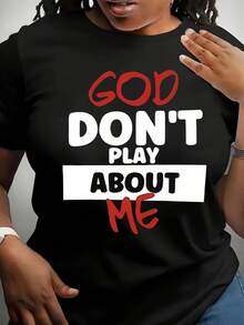 Women's Printed T-Shirt With The Striking Phrase "God Won't Play With Me" - A Stylish Black T-Shirt With Eye-Catching Red And White Lettering, Perfect For Casual Outings, Comfortable And Suitable For Everyday Wear, An Ideal Gift For Family And Friends. Summer T-Shirt - 黑色 - 查看 1