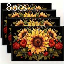 18*11.81 Inch (45*30cm) Sunflower Print Rectangular Placemats, Available In 1/2/4/6/8/30 Sets, Made Of 100% Polyester With Non-Slip And Heat-Resistant Properties, Machine Washable, Hand Washable And Dry Cleanable, Ideal For Daily Dining And Home Decor, Perfect For Country And Boho Style Enthusiasts - Multicolor - View 17