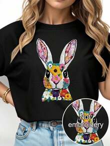 Camiseta Casual Versátil Personalizada Howell con Motivos de Conejo, Florales y Bordados - Tela Suave, Elástica y Cómoda, Negra, Estilo Urbano Vintage de Verano, Unisex, de Algodón, Manga Corta, Cuello Redondo, Camiseta Sencilla y Clásica para Mujer. - Negro - Ver 6