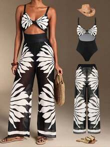 Swim Oasis Traje de baño de una pieza con camisola de patchwork de colores y pantalones de pierna ancha, adecuado para vacaciones en la playa, fiestas en la piscina y fiestas en la playa - Blanco y Negro - Ver 1