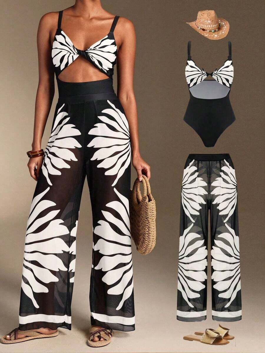 Swim Oasis Traje de baño de una pieza con camisola de patchwork de colores y pantalones de pierna ancha, adecuado para vacaciones en la playa, fiestas en la piscina y fiestas en la playa - Blanco y Negro - Ver 1
