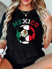 Women's Plus Size T-Shirt 2026 With Fun Prints, Women's Plus Size Mexican Soccer Graphic T-Shirt - Casual Crew Neck, Slightly Stretchy Fabric, Loose Fit For Spring/Summer/Autumn, Suitable For Daily Wear, Valentine's Day And Easter Gifts. - 黑色 - 查看 6