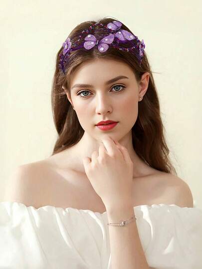 1 pieza Tocado hecho a mano para mujer, diadema con mariposa púrpura de cristal artificial, diadema elegante, tocado nupcial, adecuado para boda, fiesta, fotografía, cena, accesorio para el cabello, accesorio para mujer