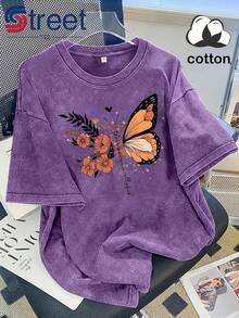 Camiseta de mujer, nueva camiseta de verano vintage de algodón lavado y desgastado, de manga corta, con estampado floral de mariposas naranjas estilo americano, top de talla grande para mujer, corte holgado, hombros caídos, cuello redondo, estilo oversize, cómoda y a la moda, versátil para el día a día, ropa casual de mujer estilo y2k. - Gris - Ver 10