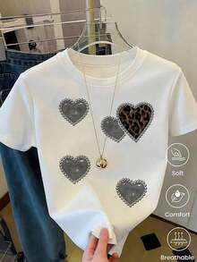 Breathable White T-Shirt For Women With Glitter Red Heart Graphic And Silver Trim, Sparkly Aesthetic Style Short Sleeve T-Shirt, Romantic And Feminine Top, Fashionable Casual Blouse, Warm Clothing For Women - 白色 2 - 查看 6