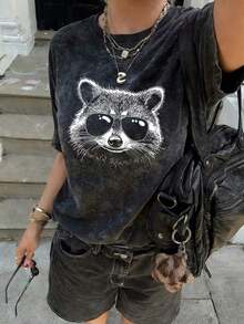 Short-Sleeved T-Shirt With Round Neck, Raccoon Print And Tie-Dye, Minimalist And Fashionable Style For Summer, Versatile And Elegant Blouse For Women In Black (Retro Style, Fresh Style, Sweet Style, Unisex) - 黑色 - 查看 3