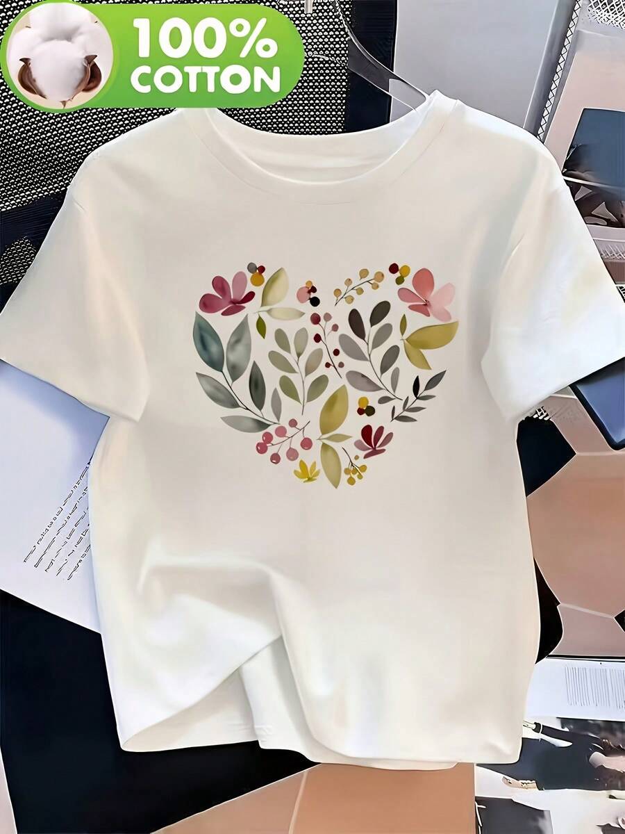 Camiseta con estampado floral 100%; Camiseta casual de manga corta para mujer - Estampado floral con letras en forma de corazón, diseño holgado de cuello redondo, lavable a máquina, top versátil adecuado para todas las estaciones, camiseta elegante para uso diario; Cómoda; Calidad transpirable - Blanco - Ver 1