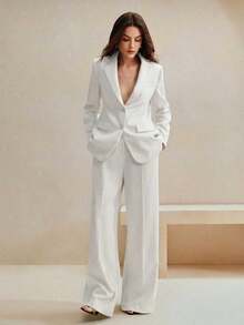 Conjunto de traje de mujer, blazer de unicolor estilo vintage + pantalones rectos, 2 piezas - Blanco - Ver 3