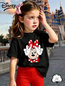 Girls' Summer T-Shirt Top, Round Neck Versatile Short Sleeve, 100% Cotton Tee, Dopamine Color Top, "Disney" Minnie Mouse Cartoon Character Wearing A Red And White Polka Dot Bow, Smiling And Making A V Sign With Both Hands Print, Children's Summer - Black - View 6