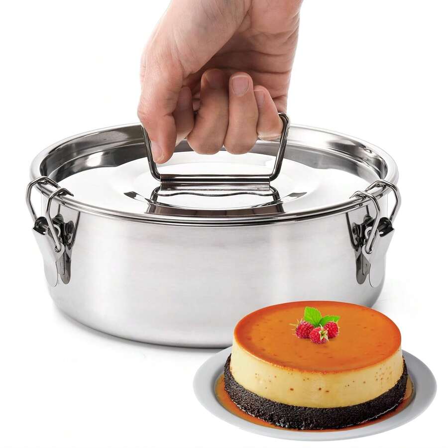 1.5 Quart Stainless Steel French Creme Brulee Mold With Lid And Handle, Portable Round Cake Baking Creme Brulee Mold For Cheesecake, Chocolate Cupcake, Pudding