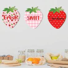 1/3 Piezas Decoración de pared de madera con forma de fresa y cartel de cocina "Fresas frescas y dulces" - Colgantes de pared estilo rústico y de granja para decoración del hogar (sala de estar, dormitorio, cocina, baño, comedor, jardín, estudio) - Multicolor - Ver 1