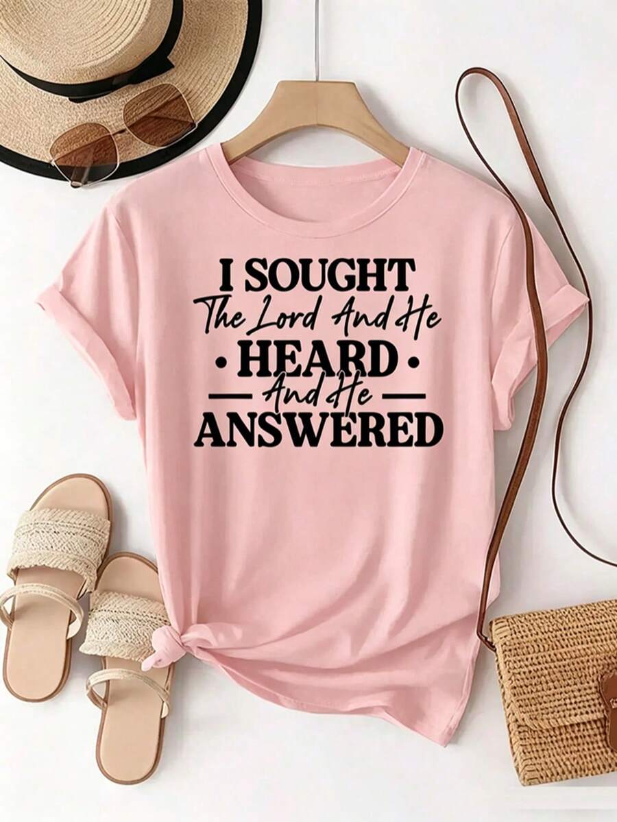 Printed With The Text Pattern "I Sought The Lord, And He Heard Me And Answered Me". Women's Casual Everyday Crew Neck Short-Sleeve Fashion Sports T-Shirt With Printed Pattern, Comfortable To Wear; Women's Pink Short-Sleeve Top - 粉色 - 查看 1