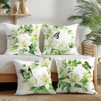 4pcs Minimalist Daily Green Watercolor Butterfly & Lily Pattern Cushion Covers, Single-Sided Soft Peach Velvet Fabric, 45*45CM Pillow Covers For Room Decor, Indoor Sofa Living Room Decoration, Party Decor, Decorative Pillow Gift