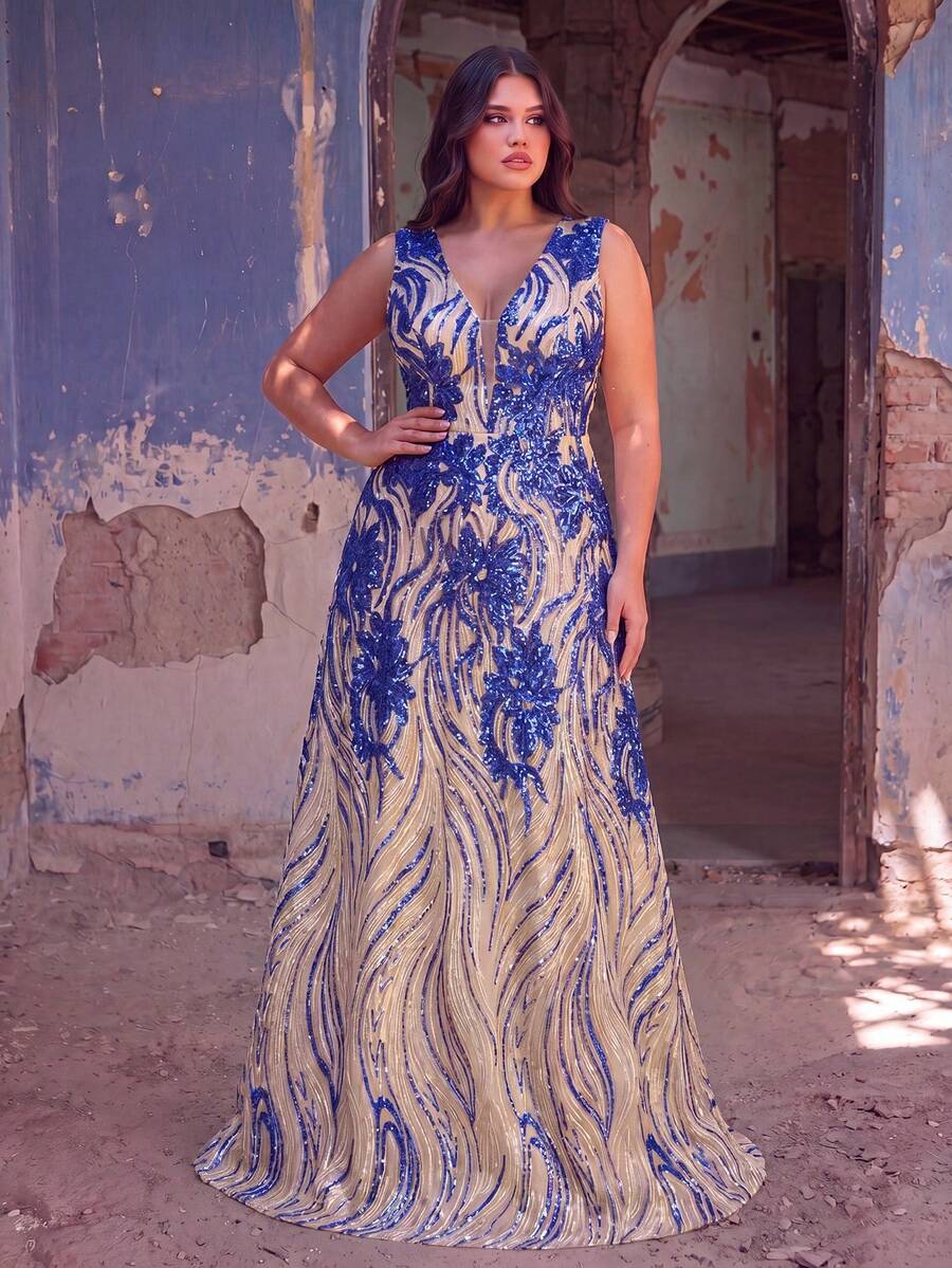 Faeriesty Elegant Sleeveless V-Neck Evening Gown, Adorned With Intricate Embroidery And Shimmering Sequins - A Luxurious Formal Dress Suitable For Weddings, Red Carpet Events, And Formal Galas, Also An Ideal Choice For Summer Vacations. Party Spring - 寶藍色 - 查看 1