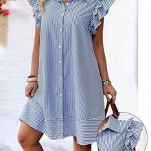 Plus Size Fashion Spring/Summer Casual Striped Front Button Cap Sleeve Dress - Azul - Ver 2