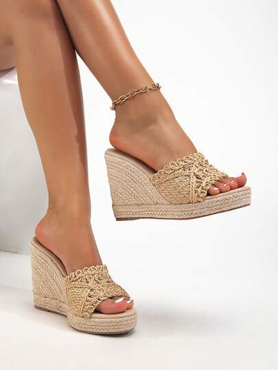 Spring/Summer New Fashion Versatile Woven Hollow Mesh Rope Sole Waterproof Platform Wedge Heel Simple Casual Retro Generous Wedge Round Toe Sandals, Romantic Open Toe Open Heel High Heel Slippers, French Style Resort Floral Woven Fresh Forest Style Outfit, Spring/Summer