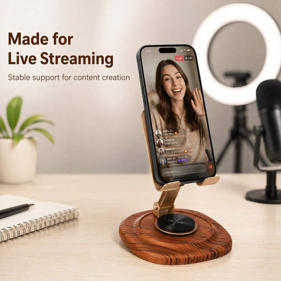 Wood Grain Base 360° Rotating Phone & Tablet Stand - Foldable Design, 10KG Load Capacity, Multi-Angle Adjustable For Phone / Tablet - Office / Online Class / Binge-Watching, Desktop Phone Support Stand, Metal Rotating Tablet Holder, Wood Grain Phone Stand - Multicolor - View 1