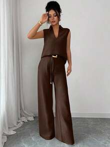 Set de 2 piezas de top sin mangas de cuello en V y pantalones rectos con decoración de cinturón holgado, de estilo casual y versátil para mujer, para primavera/verano - Café integral - Ver 6