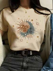 Camiseta de manga corta con cuello redondo y estampa de sol y luna para mujeres - Caqui 2 - Ver 1