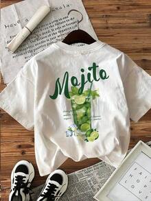 Women's Mojito Cocktail Print T-Shirt - Casual Short Sleeve Crew Neck Top, Lime & Mint Design, Breathable White T-Shirt For Summer & Spring, Machine Washable, Matte Fabric, Summer Tee. - White - View 3